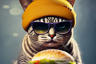 Ultra HD, Cat wearing a yellow beanie wearing sunglasses, eating a hamburger, modelling in a studio