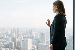 A high-achieving leader — gender neutral presentation, early-to-mid 40s, sharp professional dress — standing at a floor-to-ceiling window in a high-rise office. City skyline visible below. Everything they have built is literally beneath them. The posture is upright. The expression is not triumph — it is absence. The surface is intact. The fracture is not visible. Lighting: cool, natural, slightly overexposed. No text overlay. The image communicates: everything has been built. Something is missin