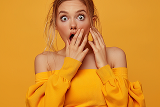 young woman with clothes full body shot, being surprised, open mouth, one hand covering the mouth. Indoor studio shot, contrasting, single vivid color background color codes