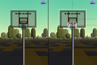 Two versions of the same virtual basketball hoop, in the latter the normally invisible physics objects are visible