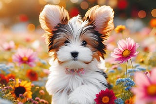 Puppy romping through a field of colorful flowers