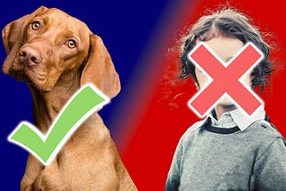 Image of a cute dog on the left with a green checkmark indicating this is good, and a child on the right with a red X indicating it’s bad.