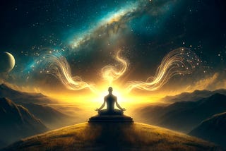 A person meditating on a hilltop under a cosmic night sky with golden sound waves emanating from their head.