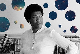 A portrait of Octavia Butler with celestial imagery in the background as representation of her science fiction connection.