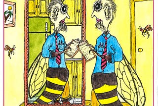 Drawing of a man — that looks like a bee — seeing himself reflected in a mirror. Drawing by author