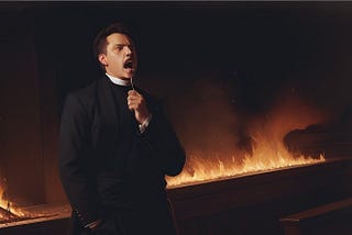 Image of a priest speaking, fire burning in the background.