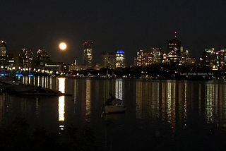 Boston Skyline — Charles River — Moon and Night time