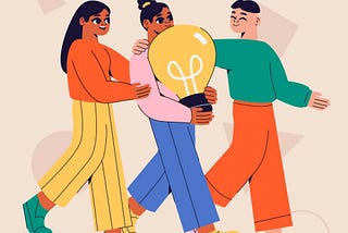 Illustration of three people walking and smiling together, with one carrying a lightbulb to signify the generation of new ideas.