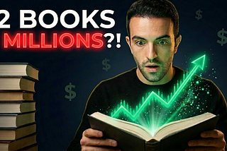 henrique centieiro holding open book with glowing green upward stock chart emerging from the pages, beside a stack of investing books.