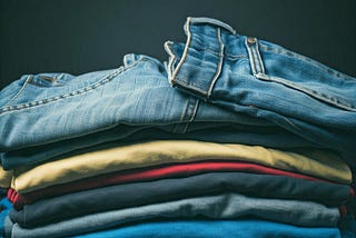 A stack of blue jeans and T-shirts
