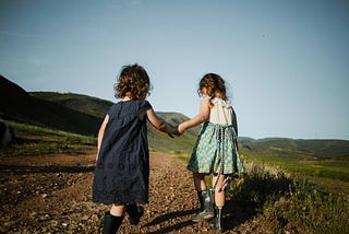 Two young children holding hands in a landscape setting outdoors.