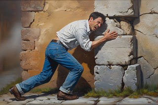 A man laboriously trying to move a wall forward.