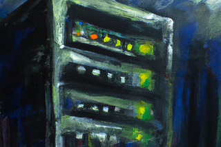 An oil painting of a server with green and blue lights, surrounded by clouds