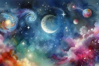 Image of Galaxy, Night, Moon and Twinkling Stars, and a Mystical Colorful Vision Around.