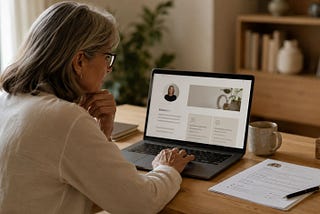 Older woman reviewing an About page on a laptop, with a printed resume on the desk beside her.