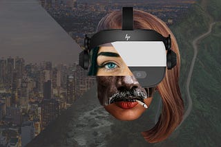 A VR-headset on a head which is stitched together out of four faces.