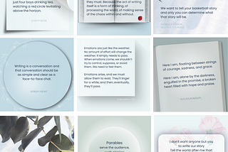 Nine squares grid with nine quotes from the selected writers, featuring delicate open book pages, eucalyptus leaves and gentle aqua coloured beackgrounds