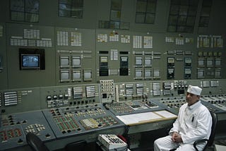 View from inside of Chernobyl power plant control room, showing a complex Interface to operate the Reactor.