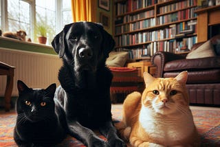 AI Image of a black cat, a black lab and an orange/white cat. Books and a large window in the background