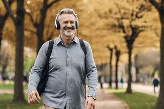 man enjoying podcast while walking in park