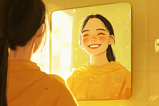 A joyful girl smiling in front of a mirror filled with positive energy and a smile on her face.