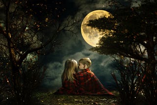 Children whispering in the fairy magic forest. Big moon, night, little boy and girl. Picture — a fairy tale for children
