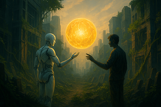 Two abstract humanoid figures — one organic, one synthetic — stand in a ruined, overgrown city. Between them floats a glowing orb, radiating light. The figures reach toward it cautiously, surrounded by vines and crumbling digital architecture.