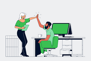 illustration of two co workers sharing a high five. One sitted by the laptop and the other standing