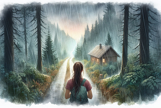a woman on a path in the forest and it’s raining