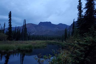 Mountain, black spruce trees surrounding small beaver lake