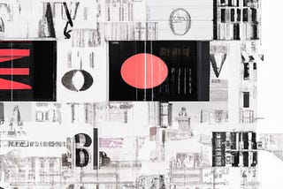 Largely illegible collage of random letters in different typefaces and a few shapes and ink blotches.