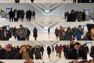 A series of 5 photos, one stacked below another, showing the time lapse of an increasingly congested train station as a full train of passengers emerged from platform level.
