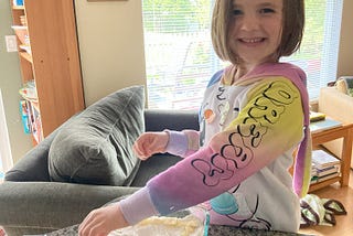 My 5 year old granddaughter is making a dump cake .