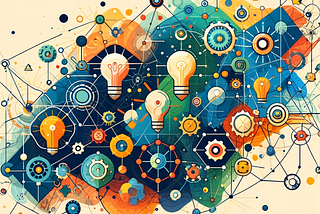 An abstract illustration featuring vibrant geometric shapes and interconnected lines in blues, greens, and oranges. Lightbulbs and gears are subtly incorporated, symbolizing ideas and mechanisms working together to represent problem-solving and critical thinking.