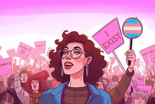 an illustration of a protest with lots of people holding picket signs. One says “I Exist.” Another shows a trans flag. A trans woman with brown hair, wearing a blue jacket, is front and center in the image. Most of the signs and part of the sky are colored various shades of pink.