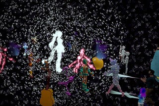 Digital avatars surround a white figure with floating white dots interspersed through a virtual world during the Immerse world hop of Venice VR Expanded 2021. This image is a screenshot from Joe Hunting’s video, Immerse x Venice.
