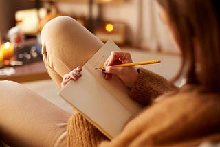 Close up of young woman journaling while resting on a comfy sofa at home.