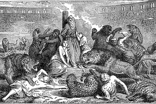 A black and white sketch, where people are getting eaten by big cats like lion and leopard. There is a man tied to a pole in this.
