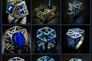 a magic engagement ring shaped like the hellraiser lemarchant hypercube with spikes, made from sharp titanium, acid-etched with evil runes, set with a giant bluefire gemstone, in style of steampunk”