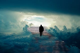 Man climbing a stairway into the clouds, a literal stairway to heaven. Harlow Journey article about Death.