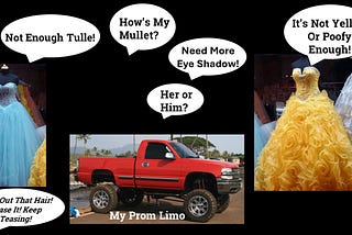 1980s prom conversation with prom dresses, hair style, makeup and pickup truck