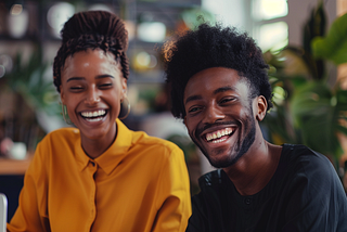 Your words could be someone’s next big break. Two people smiling.