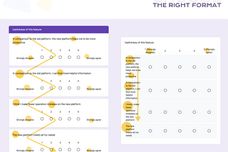 A comparison of screenshots, showing how multiple-choice grid questions surpasses the individual scale questions