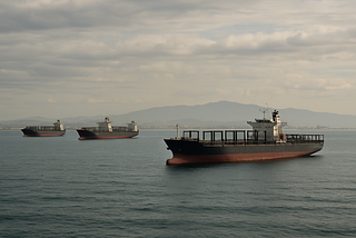 ChatGPT generated landscape image of empty container ships anchored offshore near Long Beach, symbolizing disrupted trade flows and idle port activity