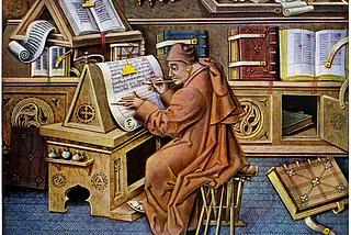 Drawing of scribe working on a manuscript, surrounded by his research material, 15th century.