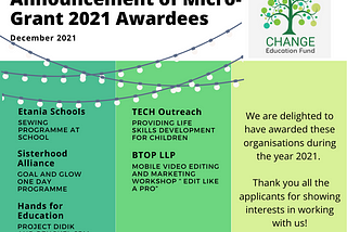 Announcement of Micro-Grant 2021 Awardees. Etania Schools, Sisterhood Alliance, Hands for Education, TECH Outreach, and BTOP LLP.