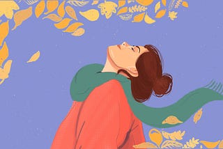 Digital illustration of a girl looking up at yellow autumn leaves. She’s wearing a red jacket and a green scarf.