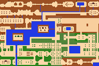 A pixel art illustration of the original Legend of Zelda’s game map.