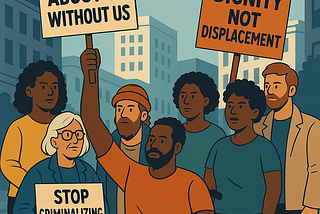 Image of many people of all ages holding sights saying Nothing About Us Without Us, Dignity not Displacement, Stop Criminalizing Poverty against an urban backdrop.