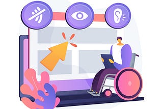 Illustration of a person on a wheelchair using a laptop on a webpage interface, surrounded by icons and abstract shapes representing digital accessibility.